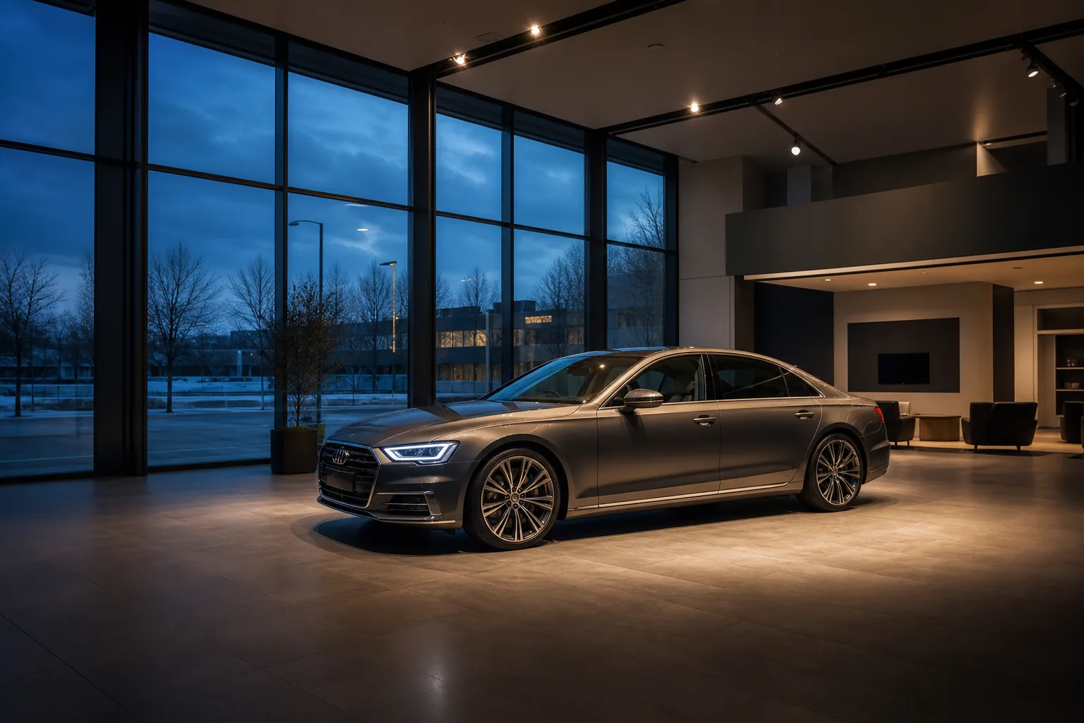 A dealership showroom at dusk with rows of new cars under bright lights