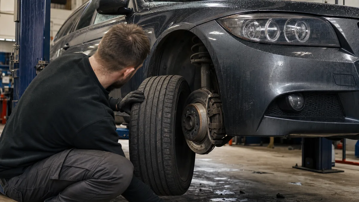 Tire sidewall and brake-area check during pressure inspection - BMW 3 Series
