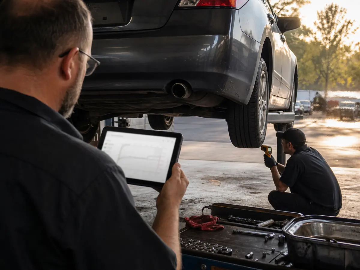 Technicians checking CVT temperature and scan data after a road test