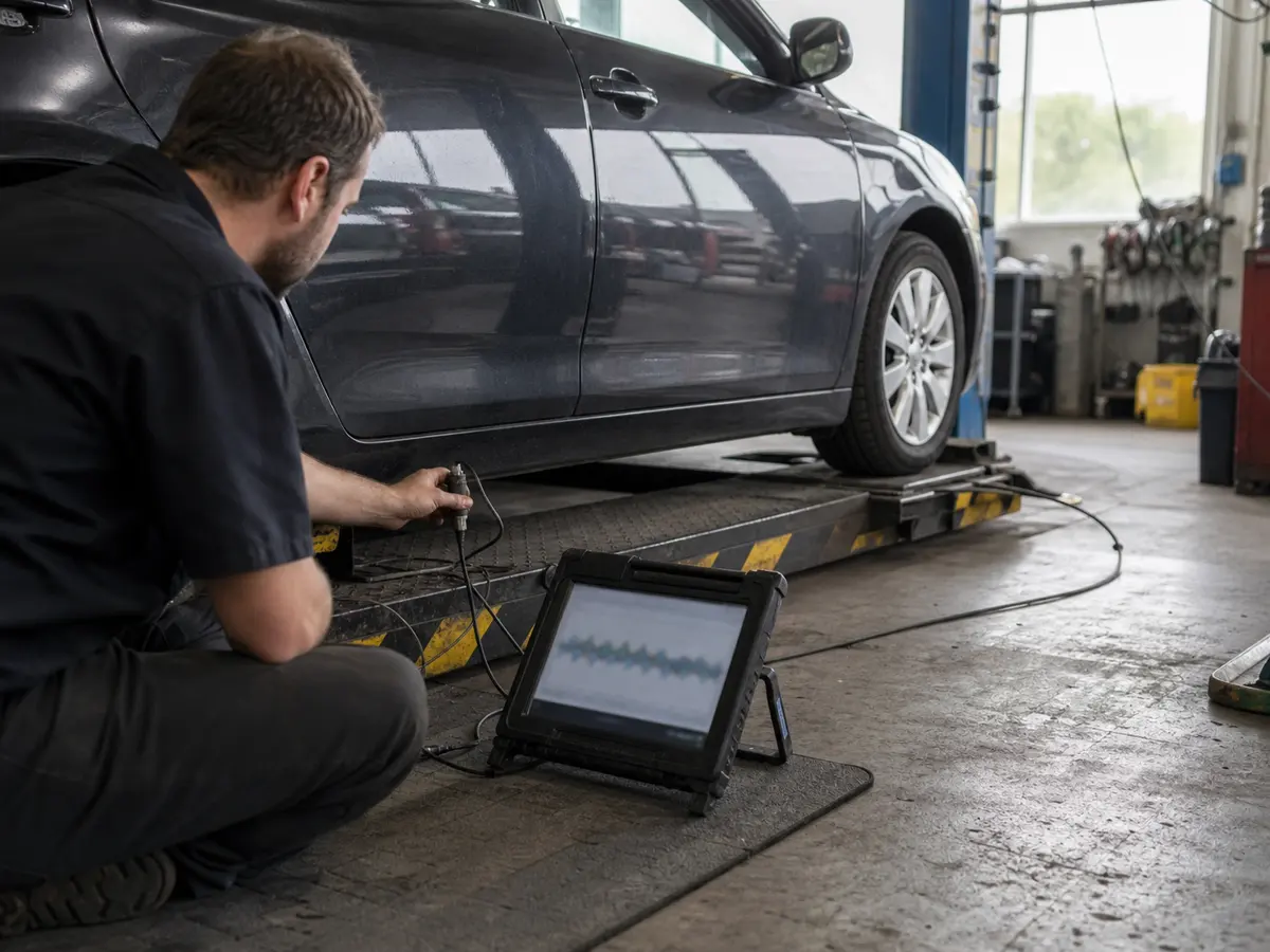 Technician measuring vibration during a transmission shudder diagnosis