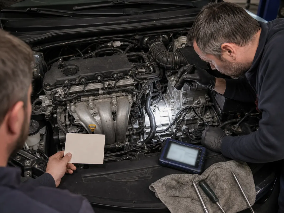 Mechanics checking engine identity and transmission condition on a compact car